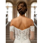 Mermaid Tulle Off-Shoulder Ruffle Skirt with Detachable Finger Ring Sheer Long Sleeves Wedding Dress - MO-M4005