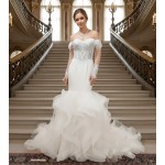 Mermaid Tulle Off-Shoulder Ruffle Skirt with Detachable Finger Ring Sheer Long Sleeves Wedding Dress - MO-M4005