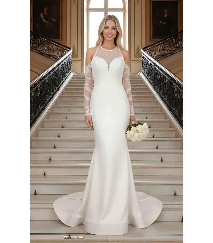 Mermaid Beaded Lace Appliqued Halter Off-Shoulder Sheer Lacy Long Sleeves  Wedding Dress - MO-M6003