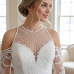 Mermaid Beaded Lace Appliqued Halter Off-Shoulder Sheer Lacy Long Sleeves  Wedding Dress - MO-M6003