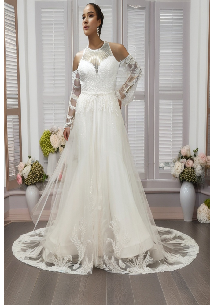 Mermaid Beaded Halter Neckline Off-Shoulder Sheer Long Sleeves  with Over Skirt Wedding Dress - MO-M6003OS