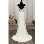 Sheath Crepe Beaded and Sequined Floral Lace Pleated Slit Skirt Wedding Dress - MO-S2001