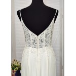 Sheath Crepe Beaded and Sequined Floral Lace Pleated Slit Skirt Wedding Dress - MO-S2001