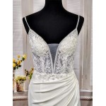 Sheath Crepe Beaded and Sequined Floral Lace Pleated Slit Skirt Wedding Dress - MO-S2001