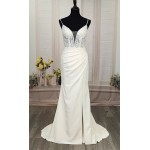 Sheath Crepe Beaded and Sequined Floral Lace Pleated Slit Skirt Wedding Dress - MO-S2001