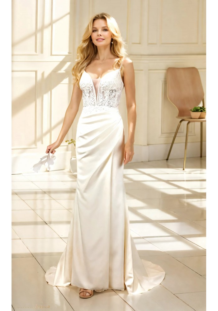 Sheath Crepe Beaded and Sequined Floral Lace Pleated Slit Skirt Wedding Dress - MO-S2001