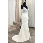 Sheath Crepe Beaded and Sequined Floral Lace Pleated Slit Skirt Wedding Dress - MO-S2001