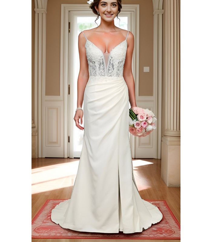 Sheath Crepe Beaded and Sequined Floral Lace Pleated Slit Skirt Wedding Dress - MO-S2001