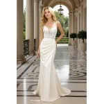 Sheath Crepe Beaded and Sequined Floral Lace Pleated Slit Skirt with Detachable Lacy Cape Wedding Dress - MO-S2001CP