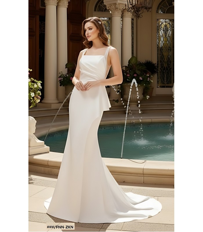 Fitted N Flare Satin Square Neckline Ruffle Slit Skirt Wedding Dress - MO-S2002