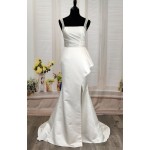 Fitted N Flare Satin Square Neckline Ruffle Slit Skirt Wedding Dress - MO-S2002