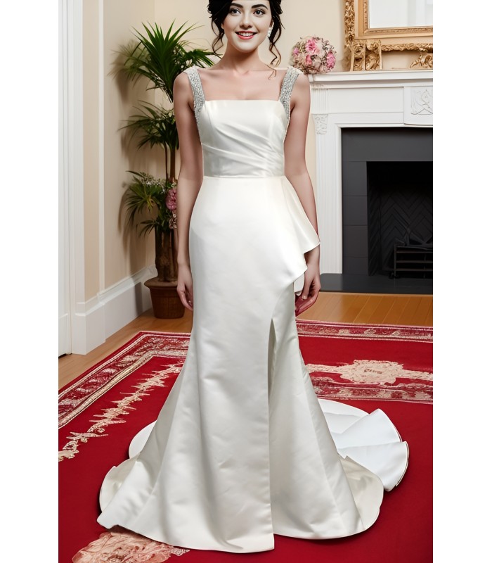 Fitted N Flare Satin Square Neckline Ruffle Slit Skirt Wedding Dress - MO-S2002