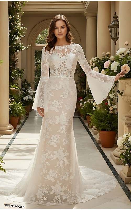 Sheath Sequined Floral Lace Bell Long Sleeves Boho Wedding Dress - MO-S6001-A