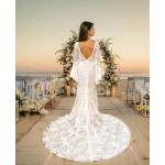 Sheath Sequined Floral Lace Bell Long Sleeves Boho Wedding Dress - MO-S6001-A