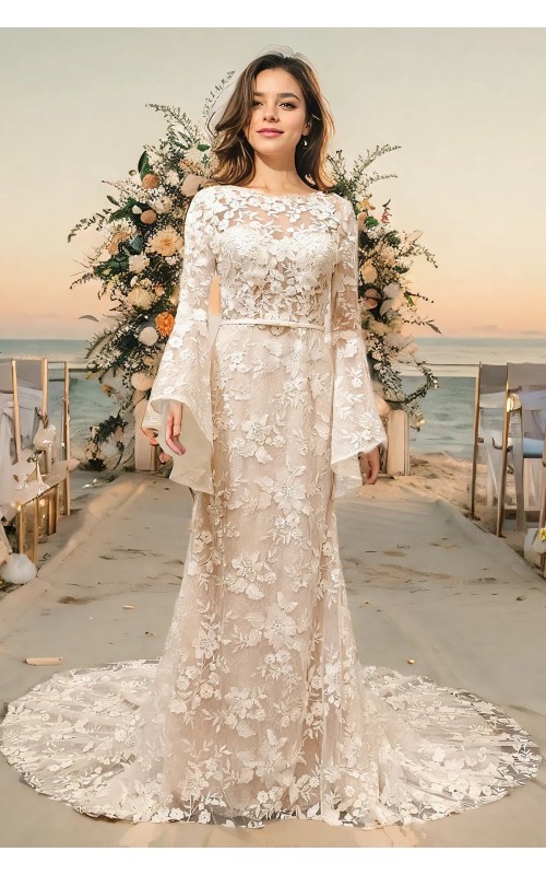 Sheath Sequined Floral Lace Bell Long Sleeves Boho Wedding Dress - MO-S6001-A