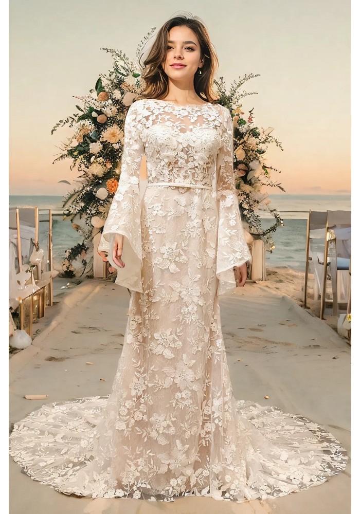 Sheath Sequined Floral Lace Bell Long Sleeves Boho Wedding Dress - MO-S6001-A