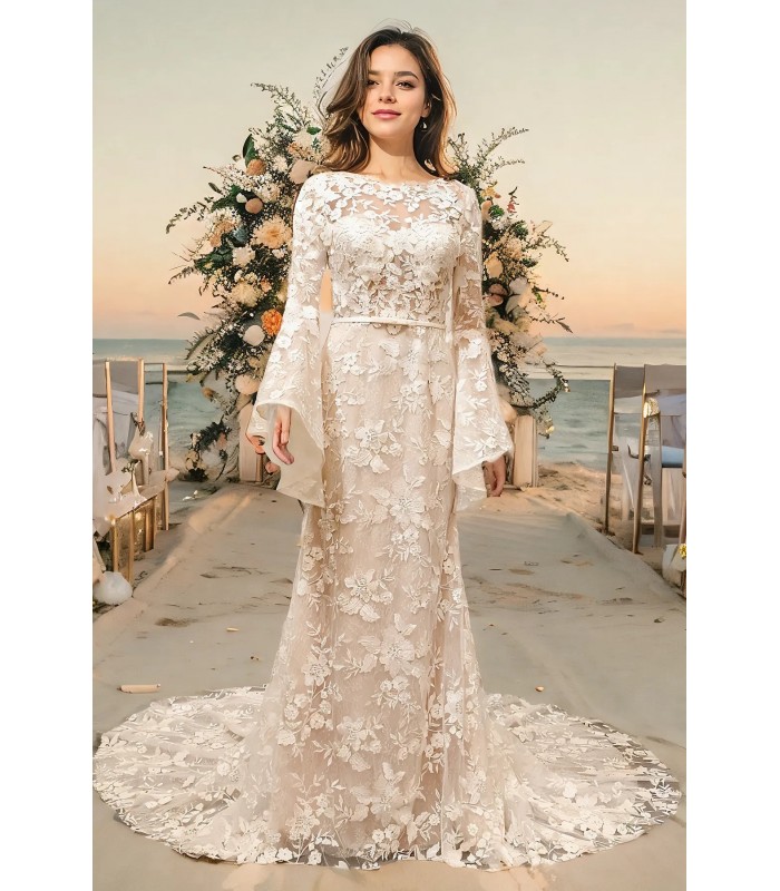 Sheath Sequined Floral Lace Bell Long Sleeves Boho Wedding Dress - MO-S6001-A