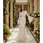 Sheath Sequined Floral Lace Bell Long Sleeves Boho Wedding Dress - MO-S6001-A
