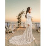 Sheath Sequined Floral Lace Bell Long Sleeves Boho Wedding Dress - MO-S6001-A