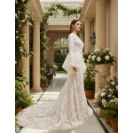 Sheath Sequined Floral Lace Bell Long Sleeves Boho Wedding Dress - MO-S6001-A