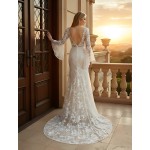 Sheath Sequined Floral Lace Bell Long Sleeves Boho Wedding Dress - MO-S6001