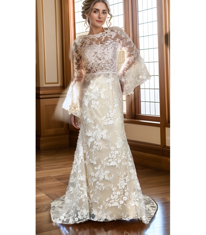 Sheath Sequined Floral Lace Bell Long Sleeves Boho Wedding Dress - MO-S6001