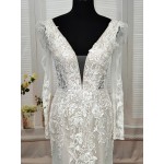 Sheath Sequined Floral Lace Cut-Out Bodice with Sheer Leg-of-Mutton Long Sleeves Wedding Dress - MO-S6002