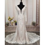 Sheath Sequined Floral Lace Cut-Out Bodice with Sheer Leg-of-Mutton Long Sleeves Wedding Dress - MO-S6002