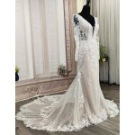 Sheath Sequined Floral Lace Cut-Out Bodice with Sheer Leg-of-Mutton Long Sleeves Wedding Dress - MO-S6002