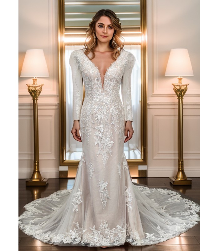 Sheath Sequined Floral Lace Cut-Out Bodice with Sheer Leg-of-Mutton Long Sleeves Wedding Dress - MO-S6002