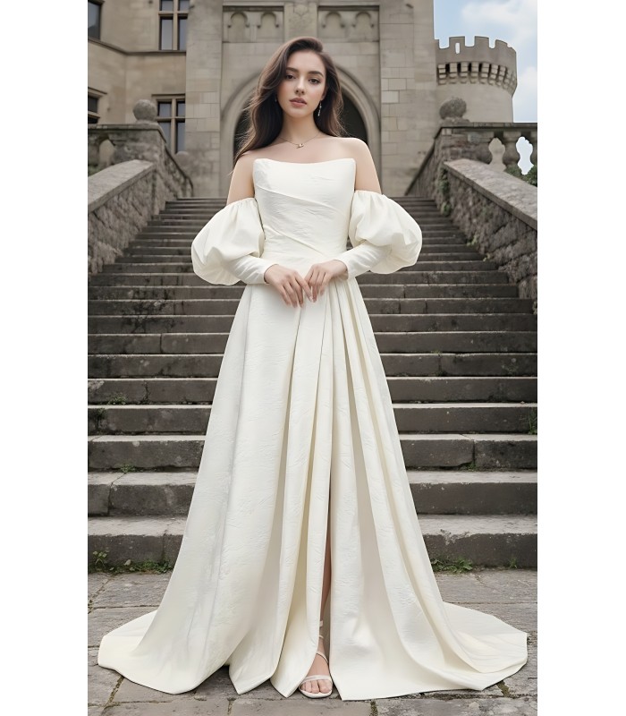 A-Line Embossed Satin Slit Skirt Wedding Dress with Detachable Balloon Long Sleeves- OU-A1005