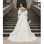 A-Line Embossed Satin Slit Skirt Wedding Dress with Detachable Balloon Long Sleeves- OU-A1005
