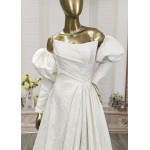 A-Line Embossed Satin Slit Skirt Wedding Dress with Detachable Balloon Long Sleeves- OU-A1005