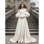 A-Line Embossed Satin Slit Skirt Wedding Dress with Detachable Balloon Long Sleeves- OU-A1005