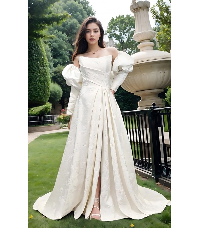 A-Line Embossed Satin Slit Skirt Wedding Dress with Detachable Balloon Long Sleeves- OU-A1005