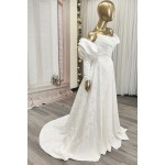 A-Line Embossed Satin Slit Skirt Wedding Dress with Detachable Balloon Long Sleeves- OU-A1005