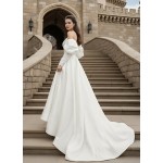 A-Line Embossed Satin Slit Skirt Wedding Dress with Detachable Balloon Long Sleeves- OU-A1005
