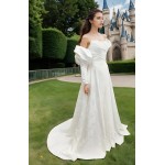 A-Line Embossed Satin Slit Skirt Wedding Dress with Detachable Balloon Long Sleeves- OU-A1005