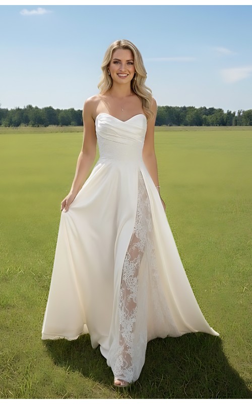 A-Line Soft Satin Pleated Sweetheart Slit Skirt Wedding Dress with Beaded Lace Appliques - OU-A1007