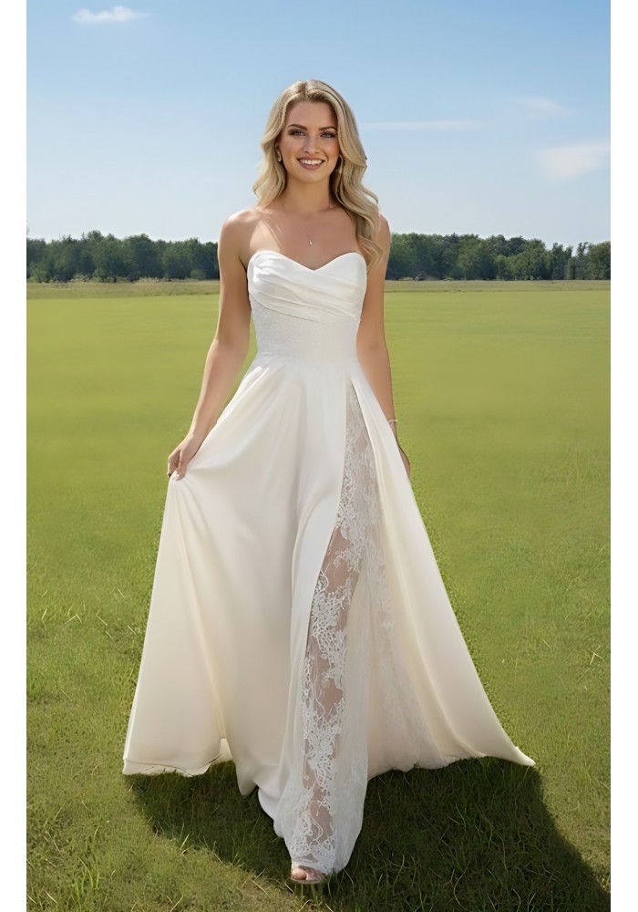 A-Line Soft Satin Pleated Sweetheart Slit Skirt Wedding Dress with Beaded Lace Appliques - OU-A1007