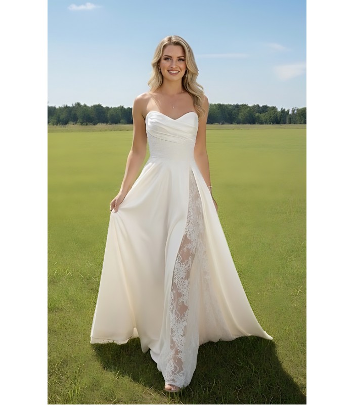 A-Line Soft Satin Pleated Sweetheart Slit Skirt Wedding Dress with Beaded Lace Appliques - OU-A1007