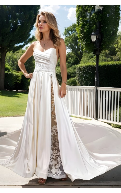 A-Line Soft Satin Pleated Sweetheart Slit Skirt Wedding Dress with Beaded Lace Appliques - OU-A1007