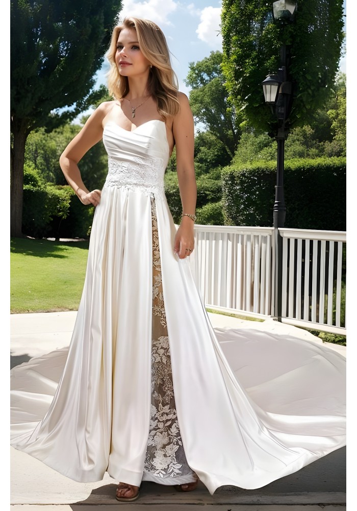 A-Line Soft Satin Pleated Sweetheart Slit Skirt Wedding Dress with Beaded Lace Appliques - OU-A1007