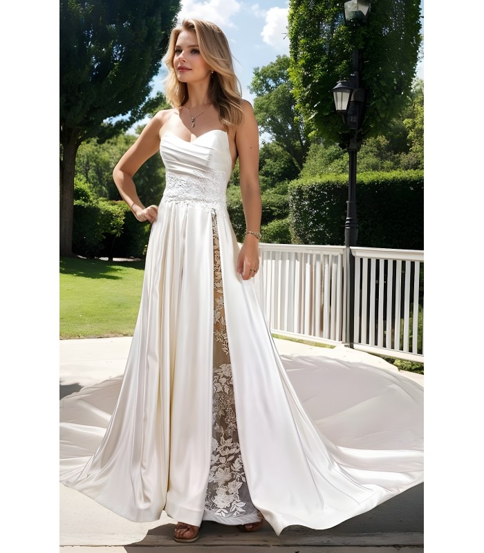 A-Line Soft Satin Pleated Sweetheart Slit Skirt Wedding Dress with Beaded Lace Appliques - OU-A1007