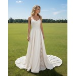 A-Line Soft Satin Pleated Sweetheart Slit Skirt Wedding Dress with Beaded Lace Appliques - OU-A1007