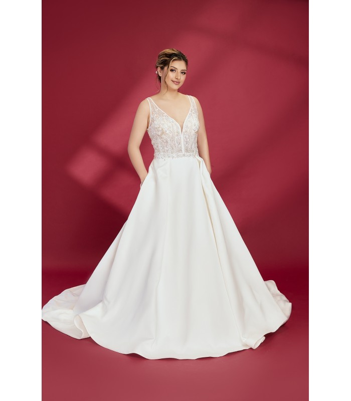 A-Line Sparkling Beads and Sequined Tulle Tank Top Bodice Satin Skirt with Pockets Wedding Dress - OU-A3002