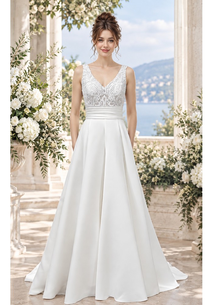 A-line - Satin Wedding Dress with Pleated Waist Line and Sheer Lacy Tank Top Bodice - OU-A3003