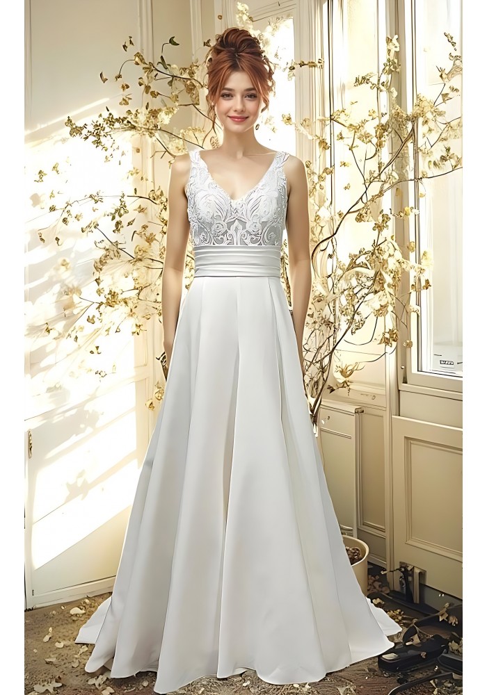 A-line - Satin Wedding Dress with Pleated Waist Line and Sheer Lacy Tank Top Bodice - OU-A3003