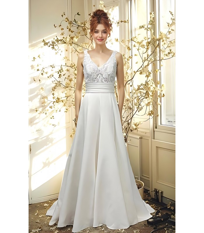 A-line - Satin Wedding Dress with Pleated Waist Line and Sheer Lacy Tank Top Bodice - OU-A3003