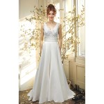 A-line - Satin Wedding Dress with Pleated Waist Line and Sheer Lacy Tank Top Bodice - OU-A3003